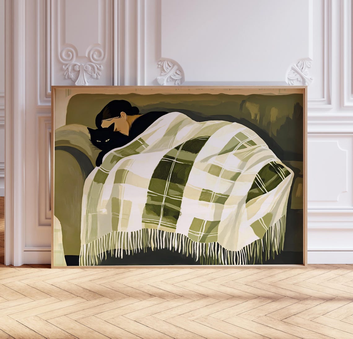 Woman Sleeping with Black Cat Plaid Blanket Cozy Sage Green Art Poster