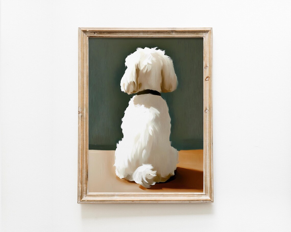 Vintage White Dog Portrait Seen from Behind Oil Painting Rustic Poster