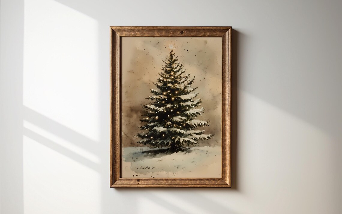 Vintage Christmas Tree Antique Holiday Painting Classic Winter Scene Poster
