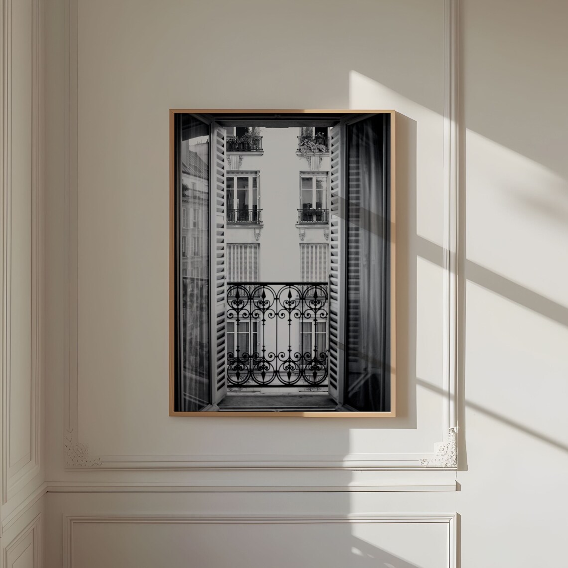 Black and White Paris Balcony View Travel Poster