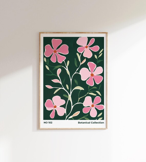 Emerald Green Floral Print Retro Bold Pink Flowers Wall Art