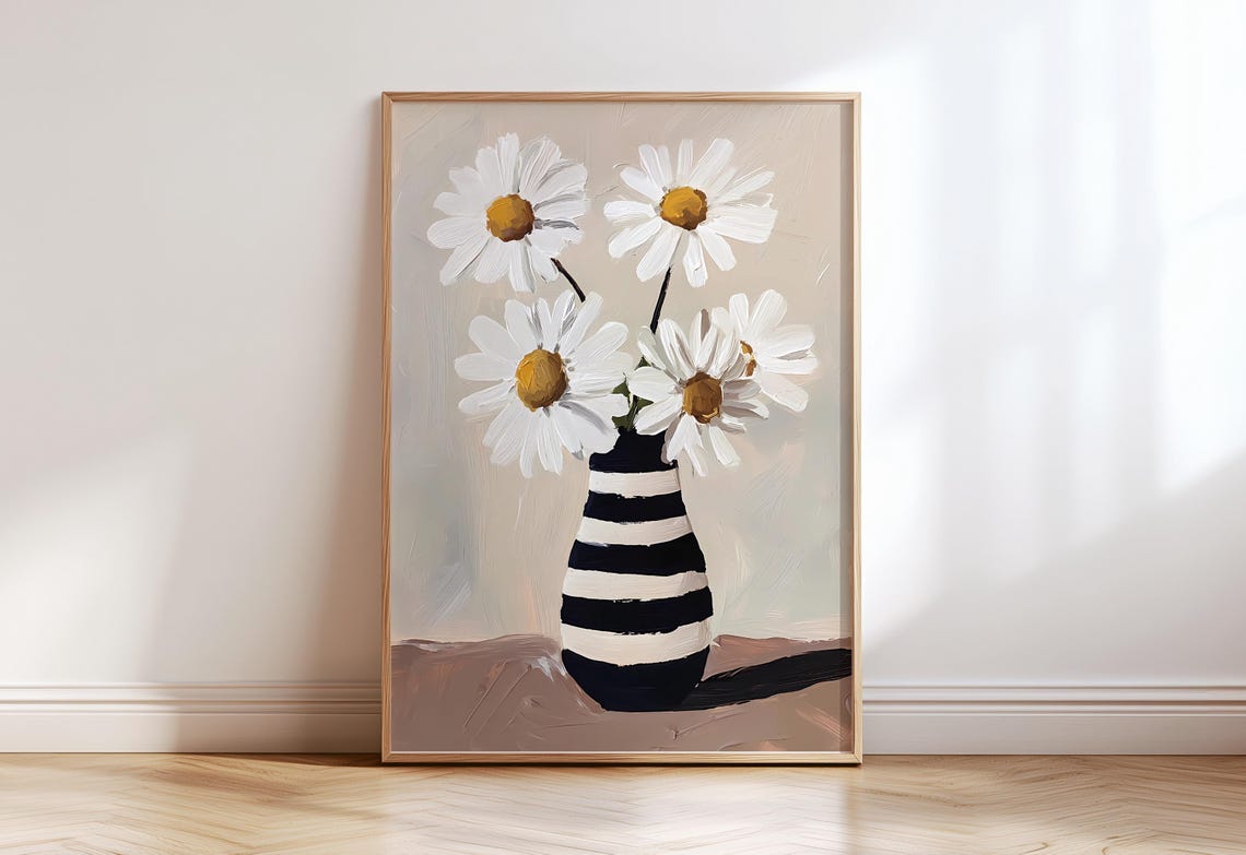 White Daisies In Striped Vase Minimal Modern Floral Art Print