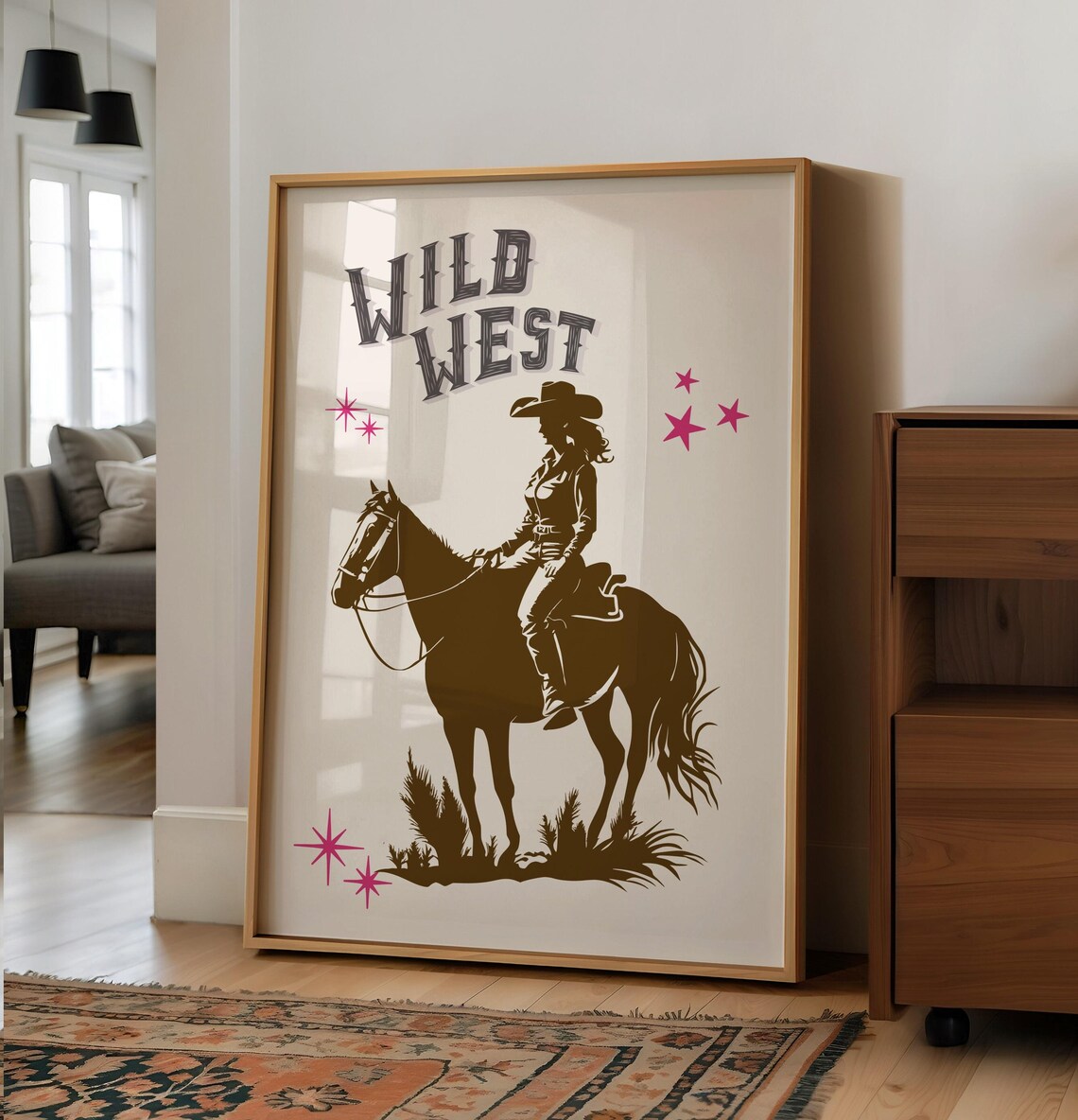 Wild West Cowgirl on Horseback Vintage Silhouette Western Style Poster
