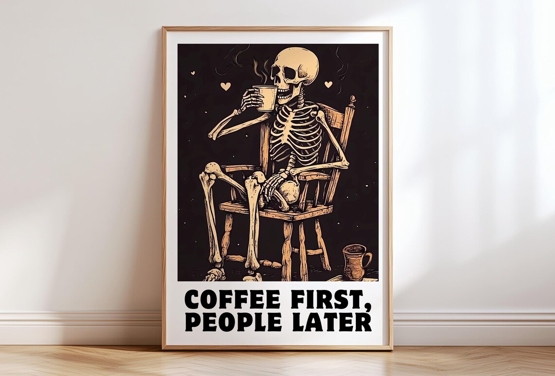 Skeleton Coffee Print, Moody Funny Retro Kitchen Art