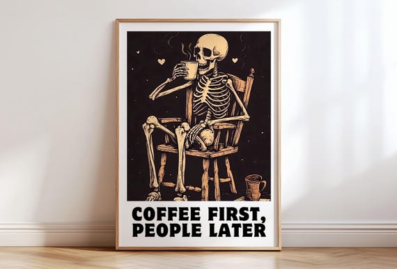 Skeleton Coffee Print, Moody Funny Retro Kitchen Art