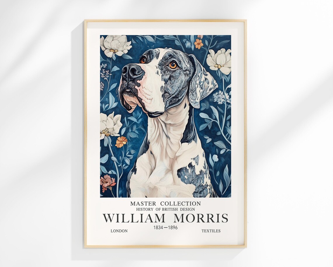 William Morris Style Harlequin Great Dane Floral Dog Portrait Poster