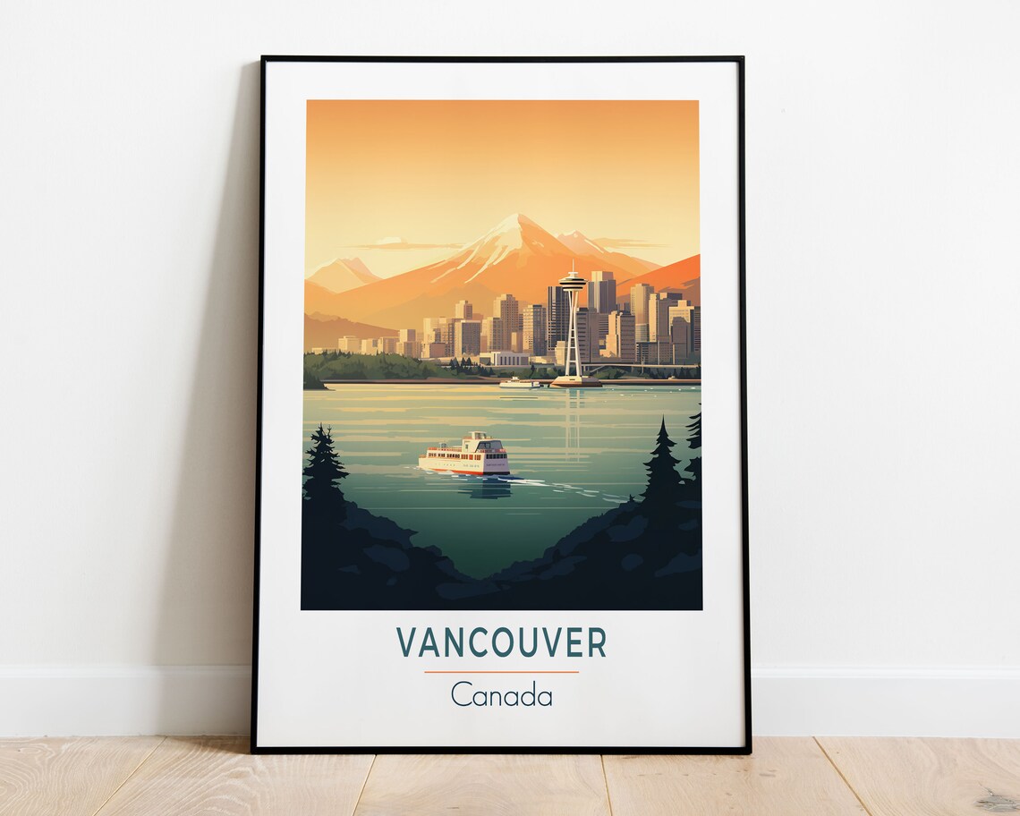 Vancouver Canada Vintage Travel Poster With Mountain Skyline And Ferry