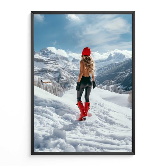 Fashion Photography Print Supermodel In Snowy Mountains Red Boots