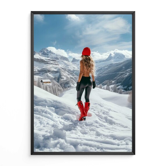 Woman in Snow Red Boots Mountain Fashion Photography Wall Poster
