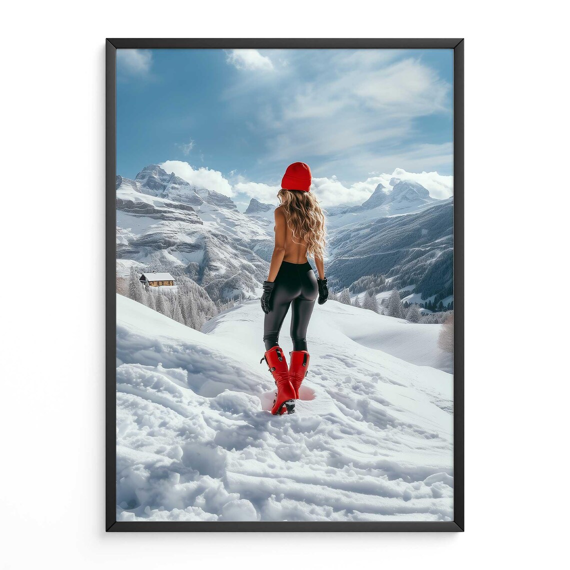 Woman in Snow Red Boots Mountain Fashion Photography Wall Poster