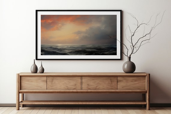 Stormy Seascape Dark Rolling Waves Under Moody Sunset Sky Art Poster