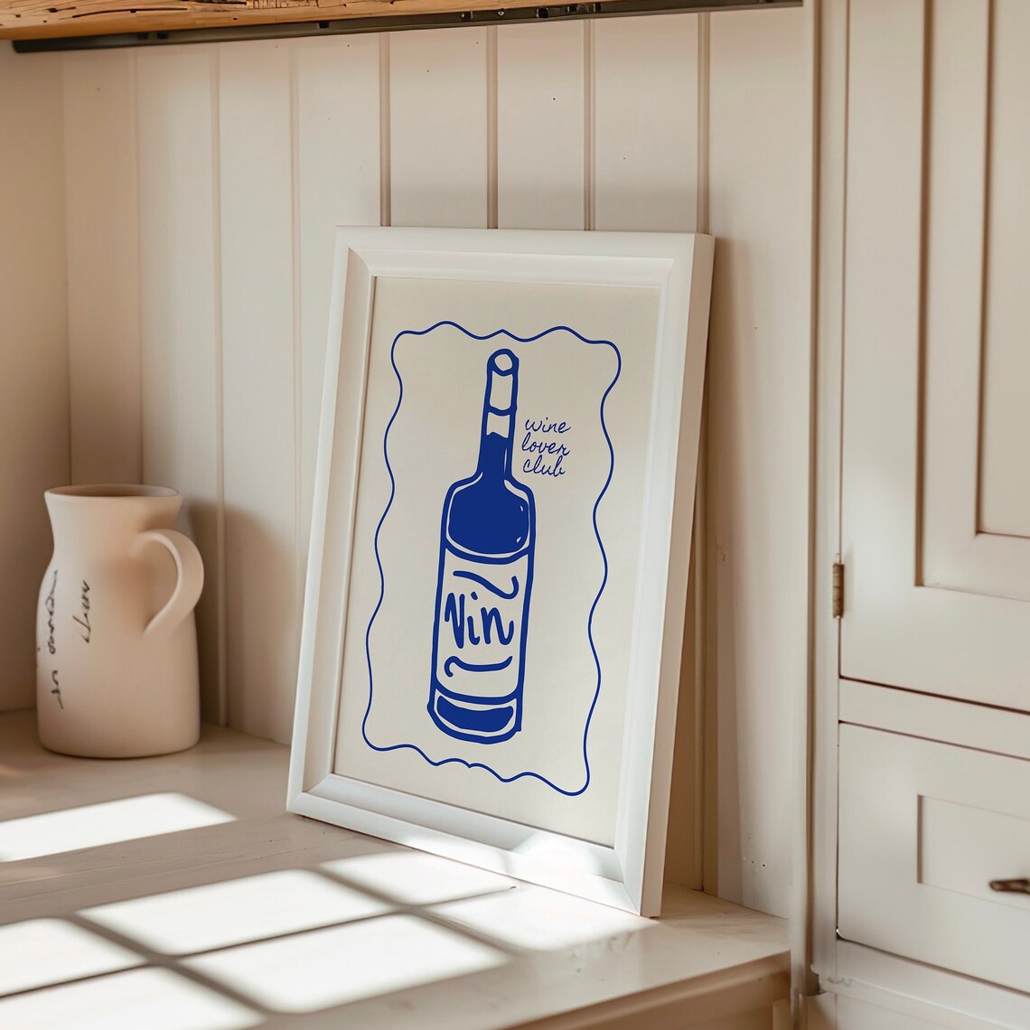 Wine Lover Club Vin Blue Line Art Wine Bottle Kitchen Poster