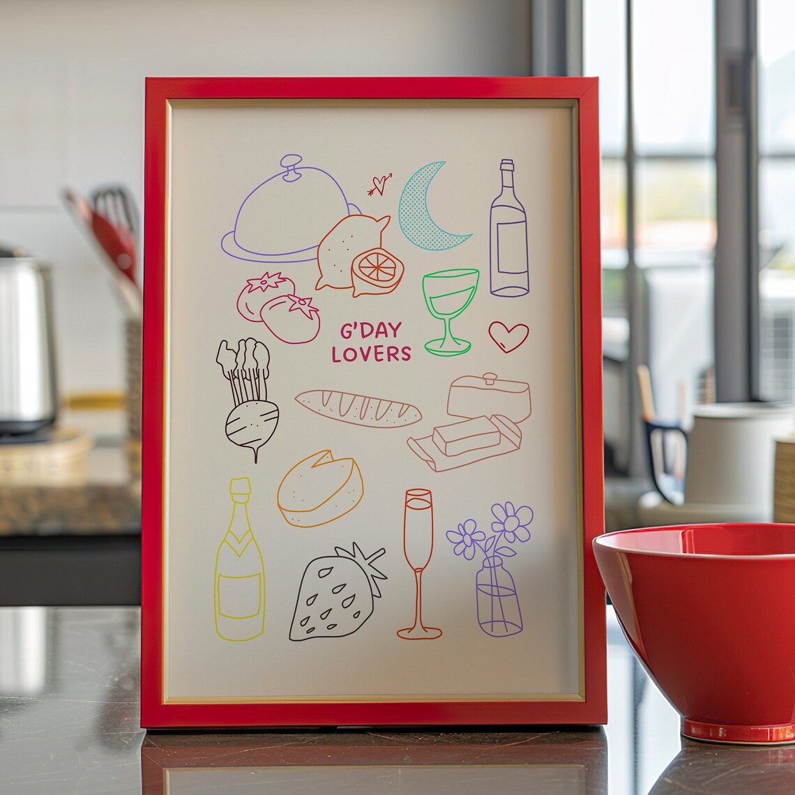Gday Lovers Colorful Food Icons Line Art Kitchen Wall Poster