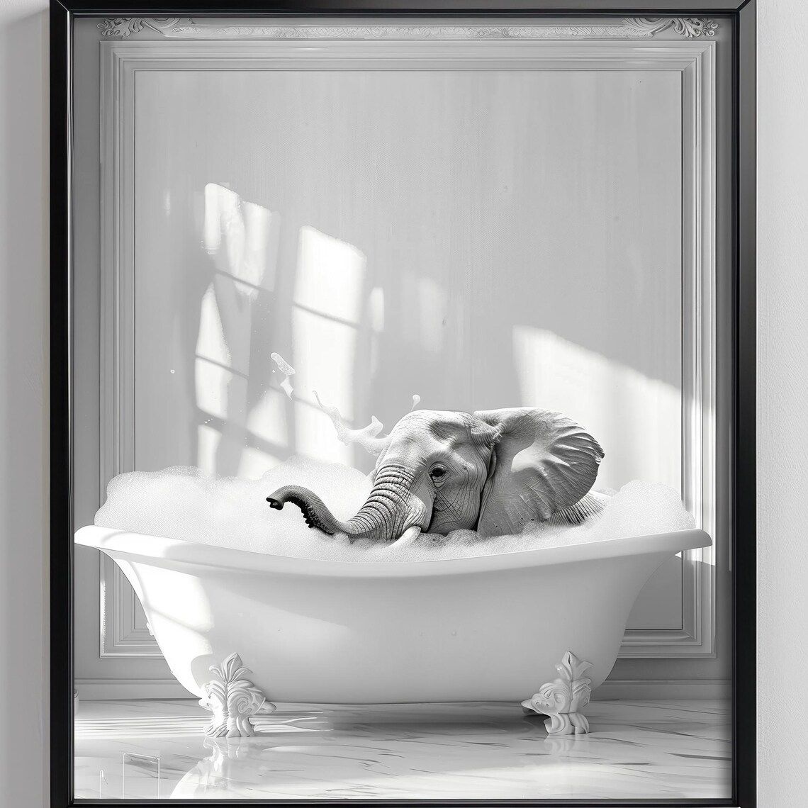 Elephant In A Bathtub Wall Art Print Animal Bathroom Poster Black And White Housewarming Gift