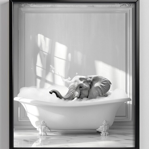 Elephant In A Bathtub Wall Art Print Animal Bathroom Poster Black And White Housewarming Gift