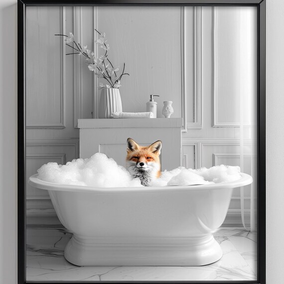 Fox In A Bathtub Wall Art Print Animal Bathroom Poster Red Black And White Dopamine Decor Housewarming Gift