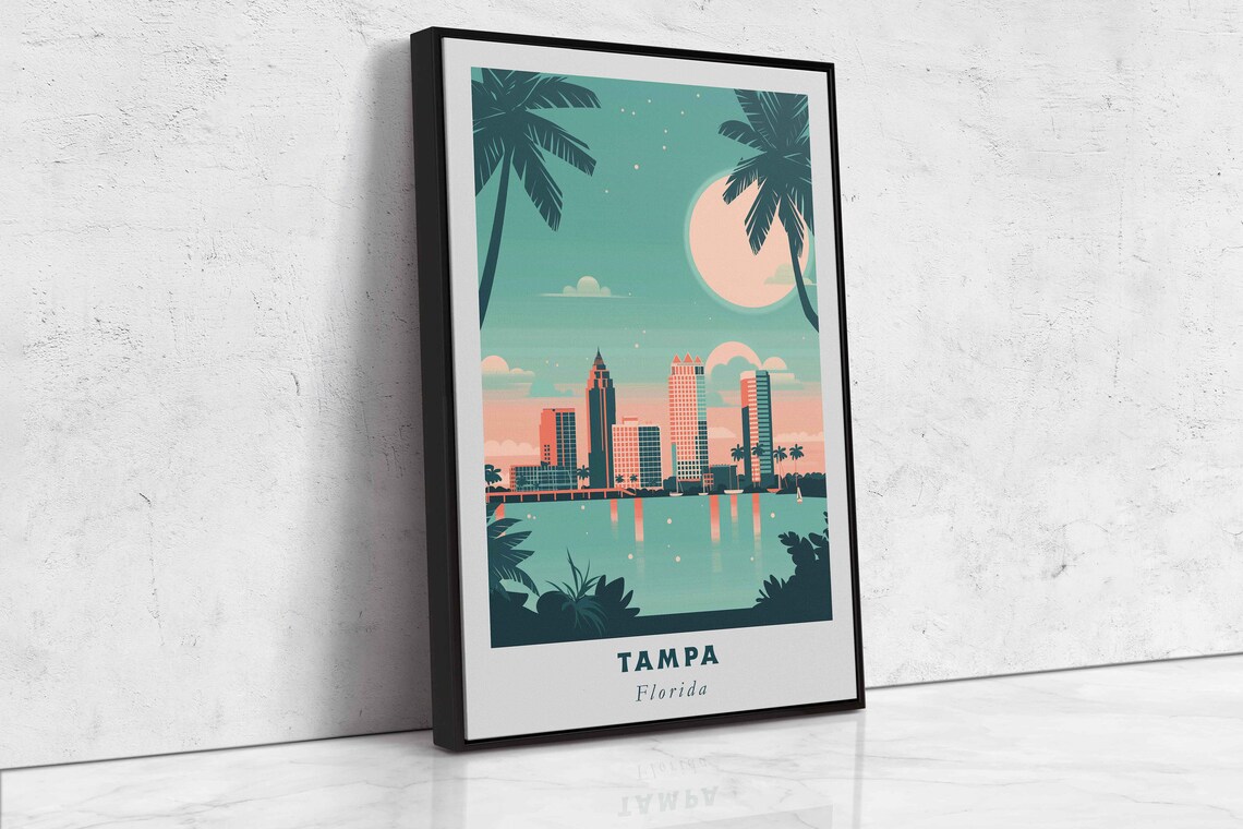 Tampa Florida Skyline Bay Moon Palm Trees Night Travel Poster - Image 2