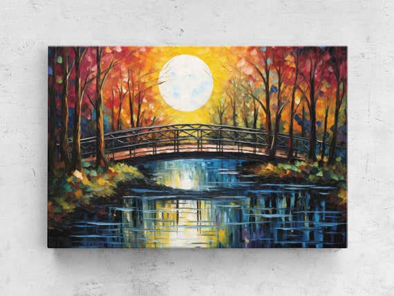 Colorful Japanese Bridge At Sunset Palette Knife Painting Framed Print Ready To Hang