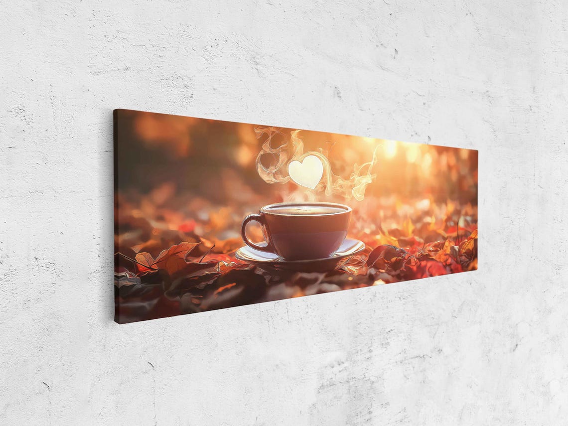 Coffee Cup In Red Leaves With Heart Steam Warm Sunlight Art Print - Image 4