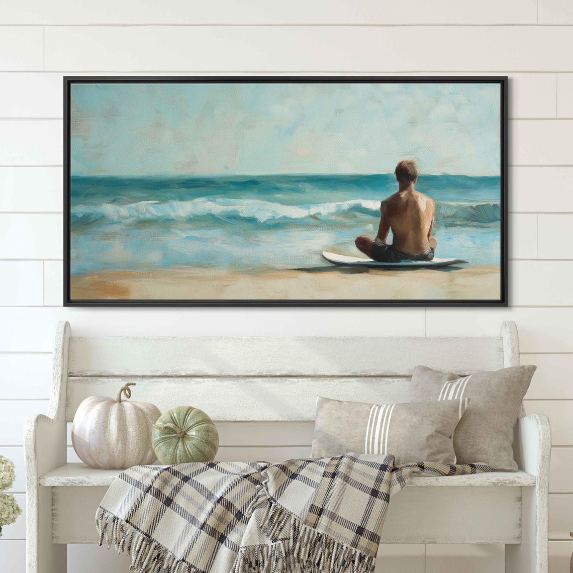 Surfer Sitting Beach Watching Waves Soft Blue Coastal Relaxing Poster - Image 3
