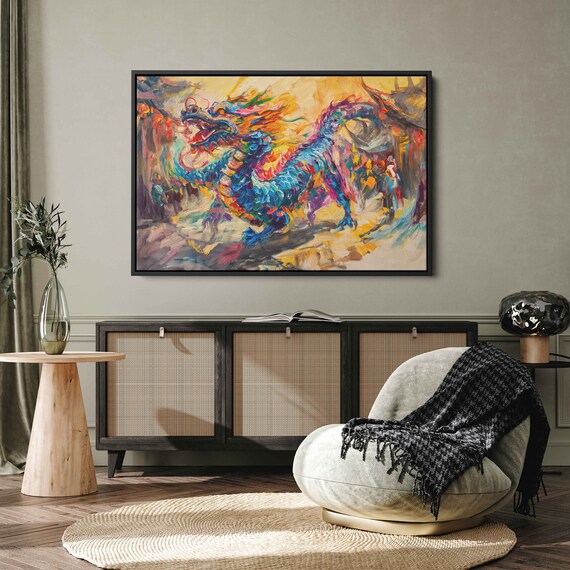 Vibrant Chinese Dragon Colorful Flaming Acrylic Asian Art Poster