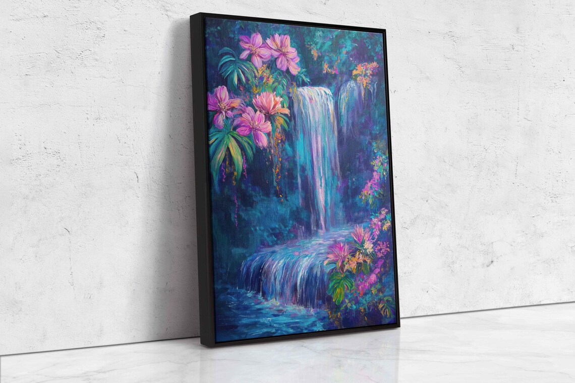 Exotic Neon Flowers Cascading Down Waterfall Art Print - Image 4