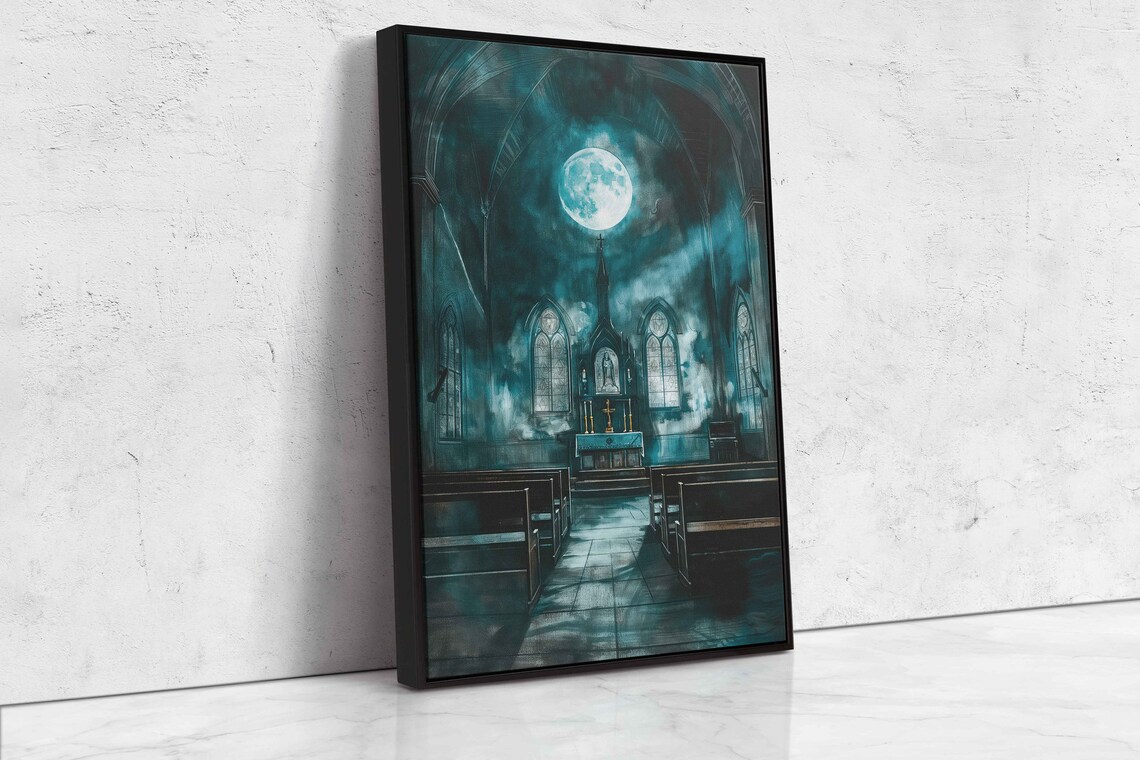 Abandoned Church Full Moon Through Ruined Roof Pews Altar Wall Art - Image 4