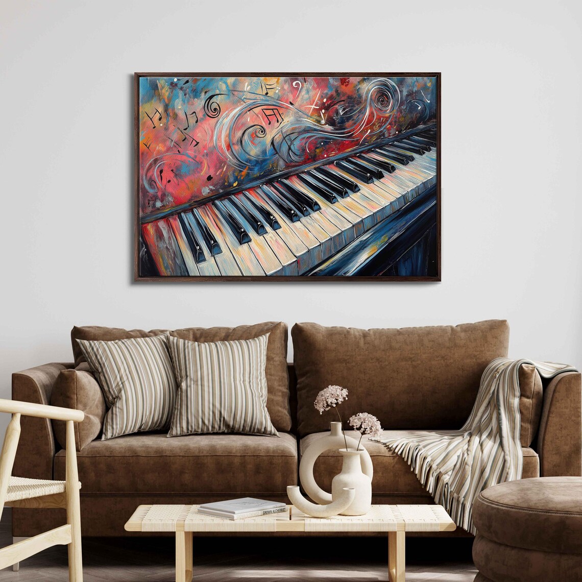 Grand Piano Keyboard Swirling Musical Notes Colorful Music Wall Art