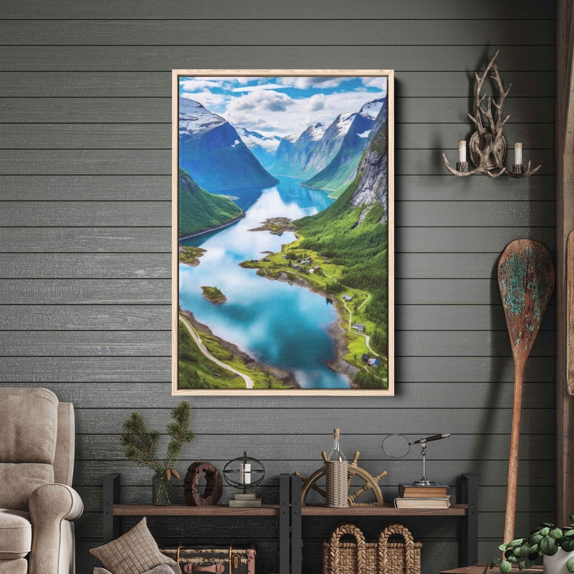 Green Fjord Valley Turquoise Water Snowy Peaks Scenic Travel Poster - Image 3