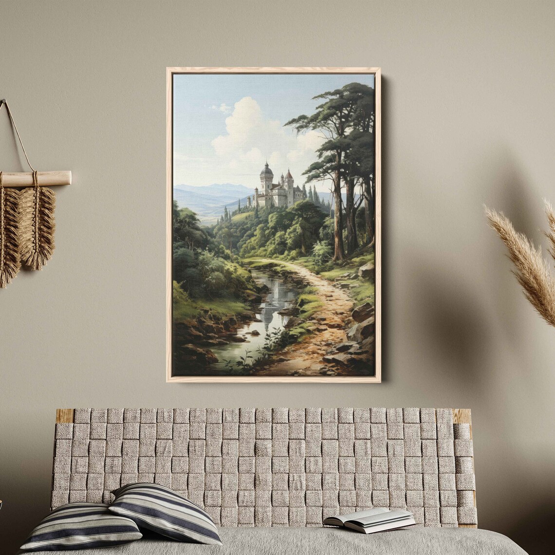 Watercolor River Castle Path, Medieval Landscape Art Print