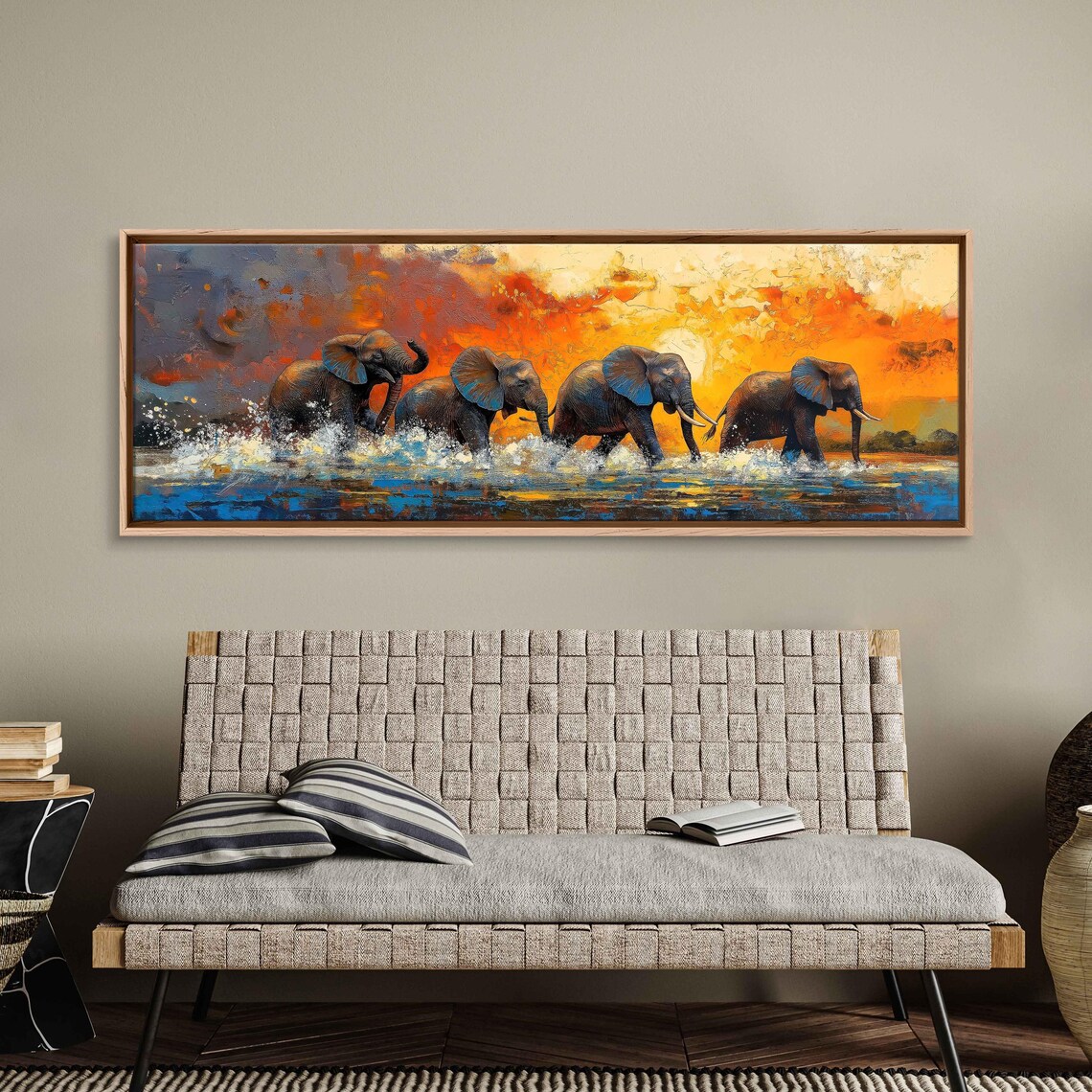 Elephants Crossing River Sunset Splashing Water Joyful Herd Art Poster - Image 3