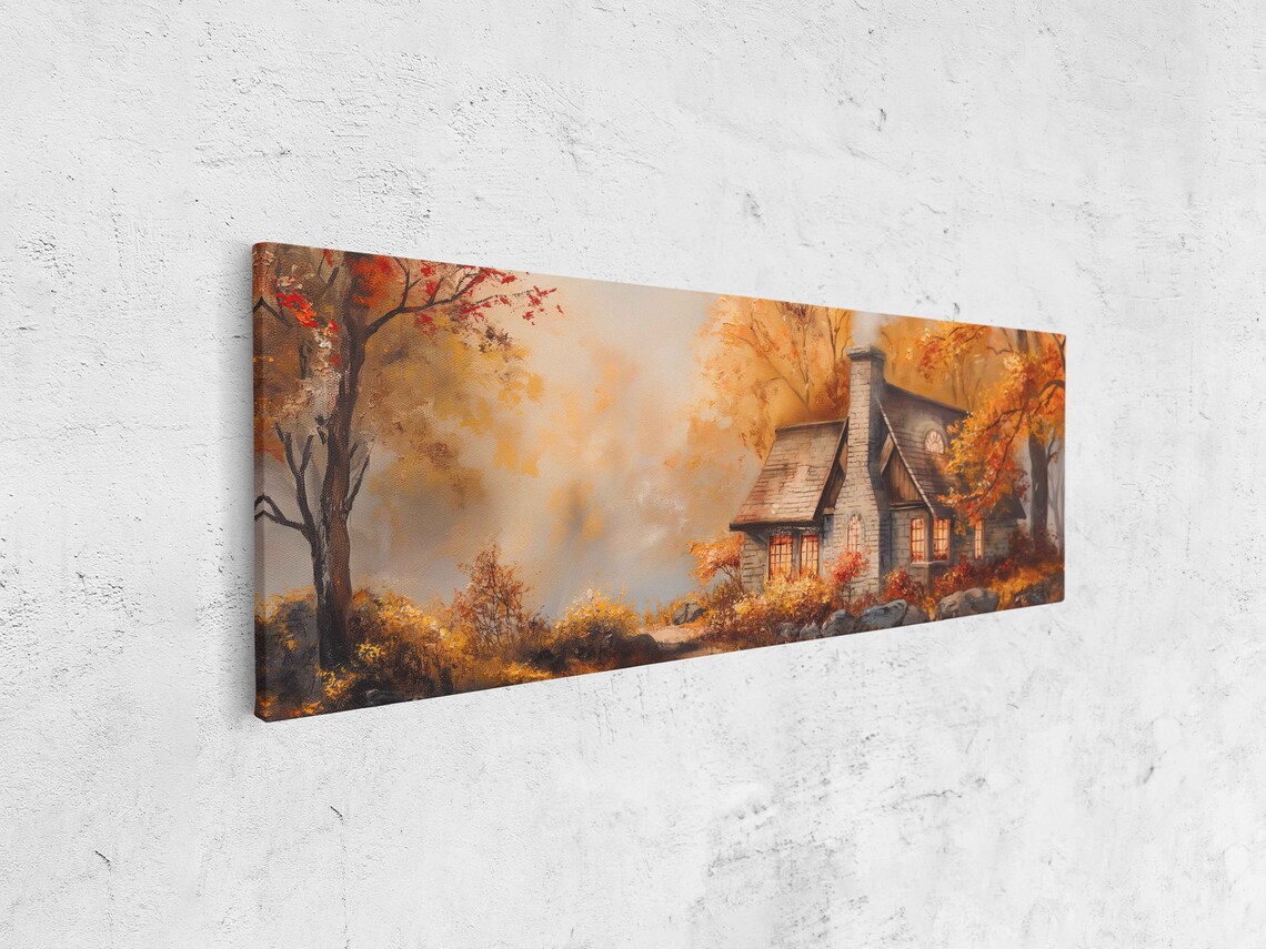 Stone Cottage With Lit Windows In Misty Autumn Forest Night Poster - Image 4