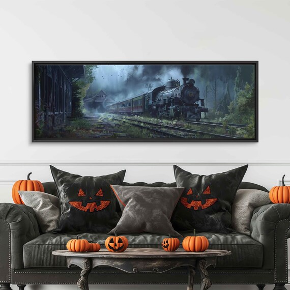 Spooky Old Train Station Steam Engine Arrival Misty Night Wall Art