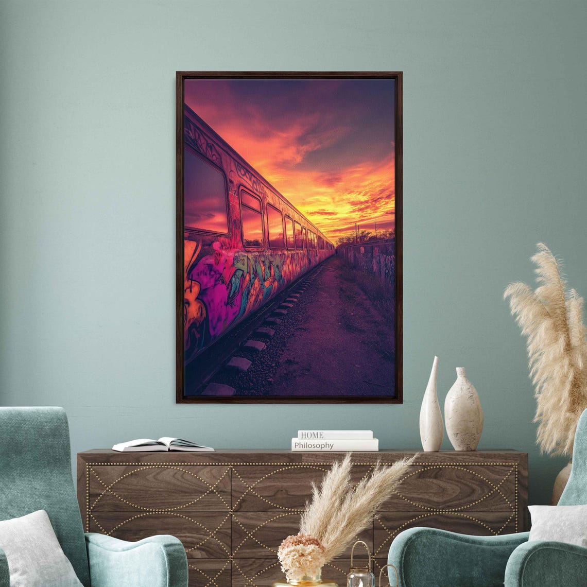 Graffiti Train Car At Sunset Wall Art Print Urban Landscape Vibrant Colors - Image 3