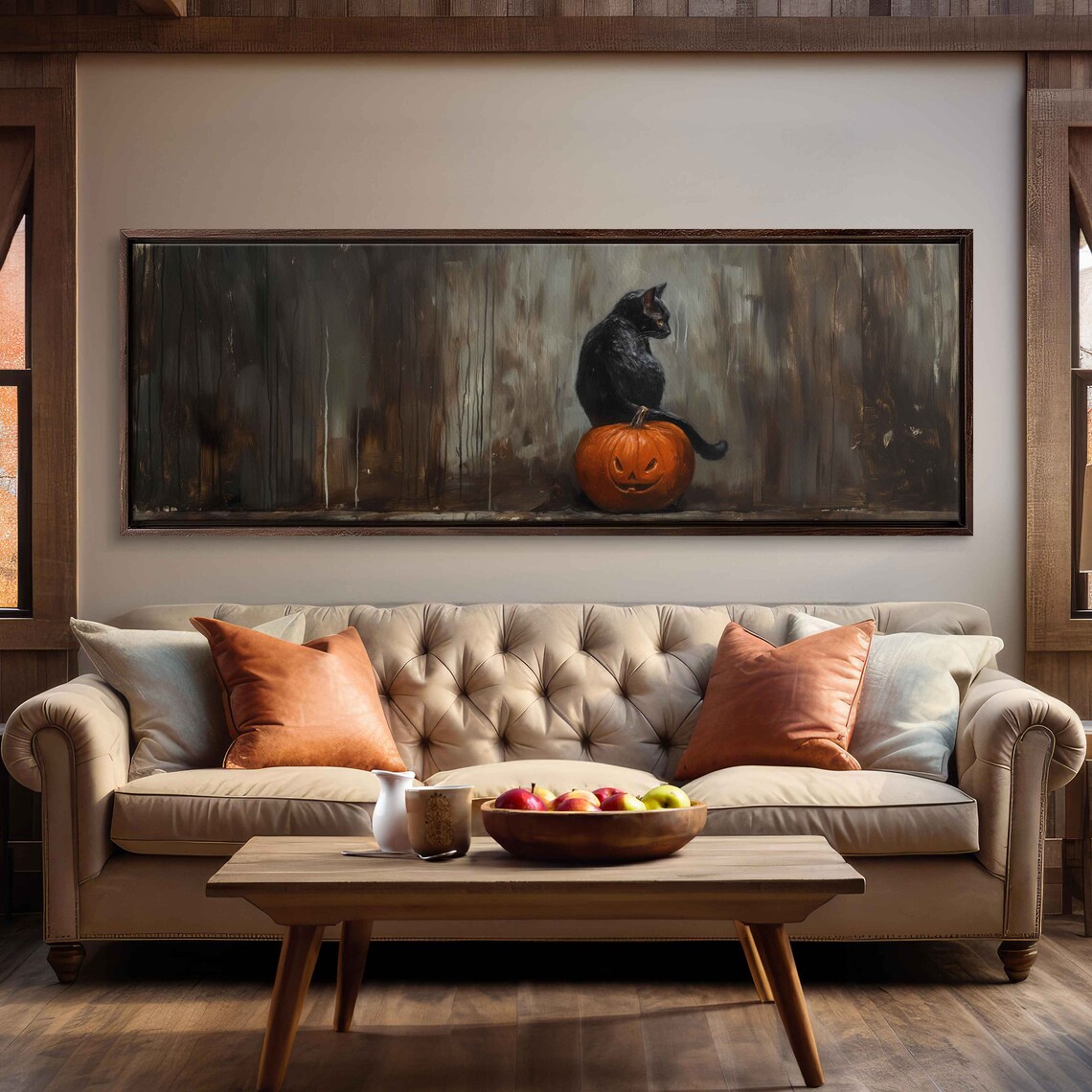 Black Cat Sitting On Pumpkin In Dark Haunted Woods Painting Poster - Image 3