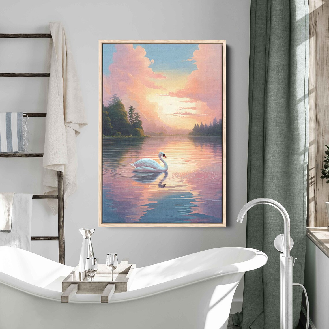 Graceful Serene White Swan Lake Sunset Pink Sky Reflection Poster