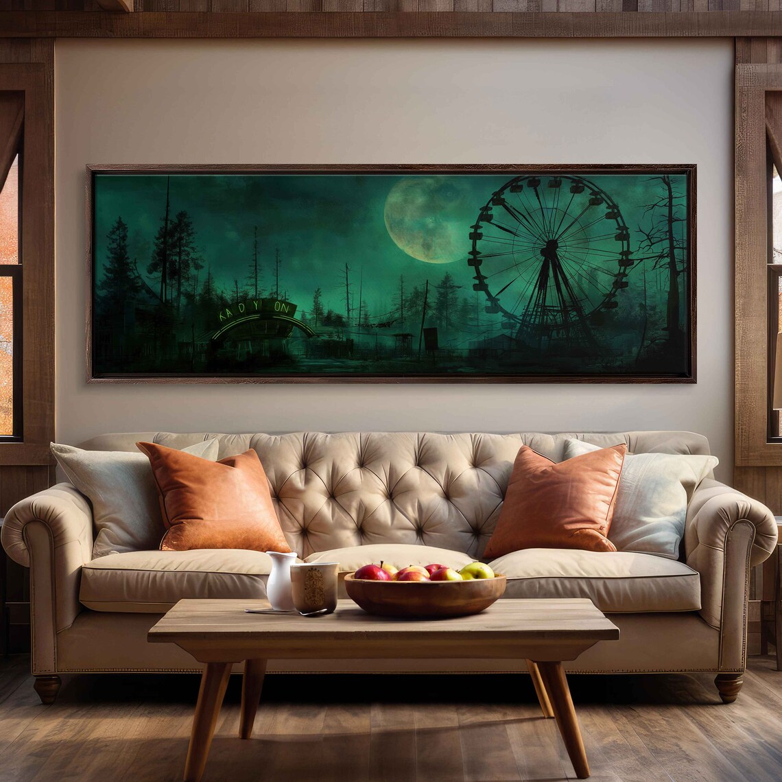 Abandoned Carnival Ferris Wheel Green Night Foggy Panoramic Print - Image 3