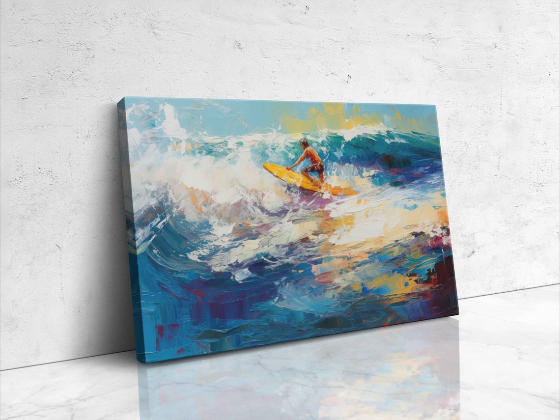 Surfing Oil Painting Textured Waves Print On Ready To Hang Gift For Surfer - Image 4