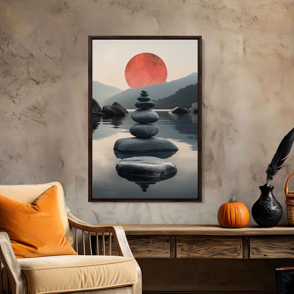 Zen Stacking Stones Red Sun Calm Lake Reflective Meditation Art Poster - Image 3