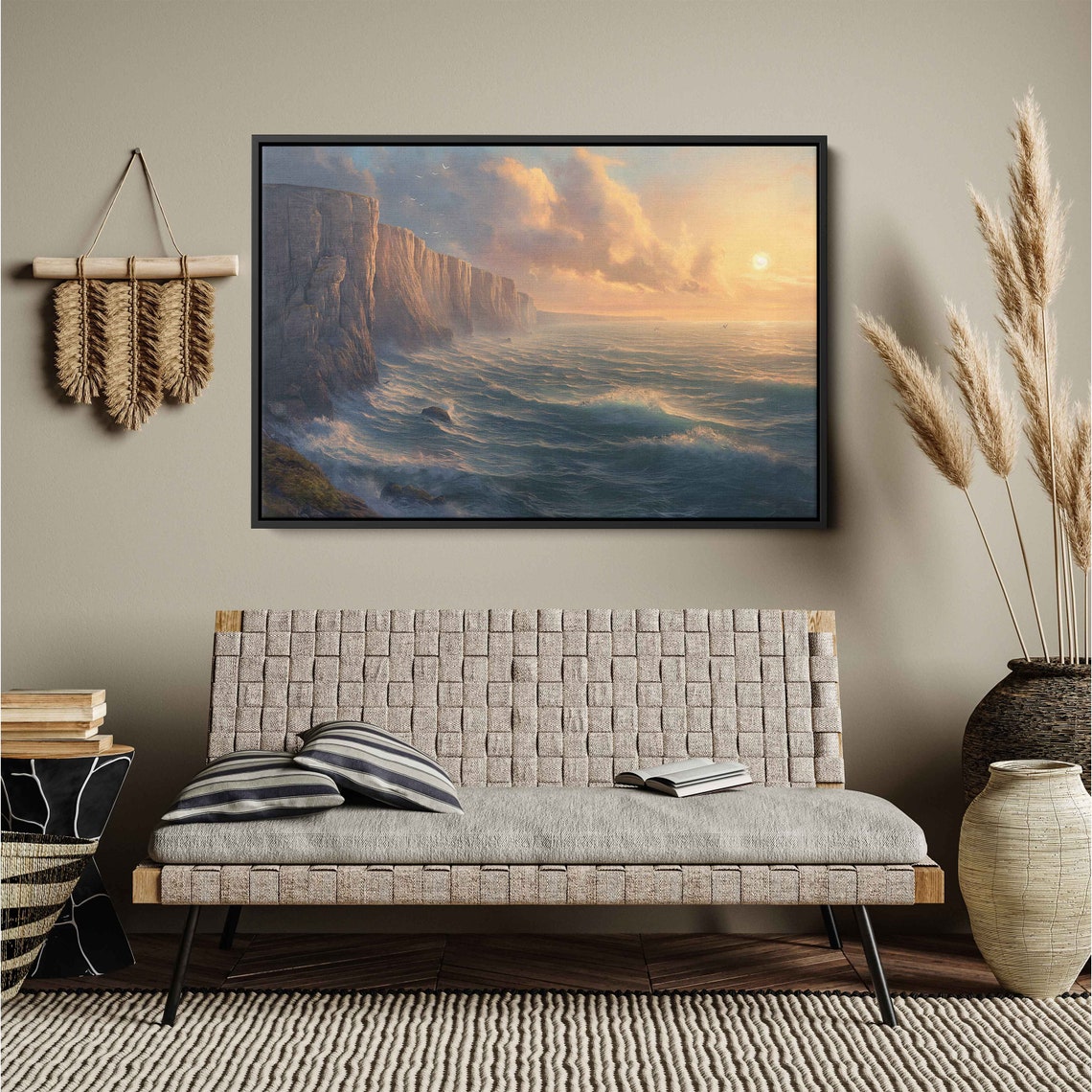 Ocean Waves Tall Cliffs Sunrise Dramatic Coastline Painting Poster - Image 3