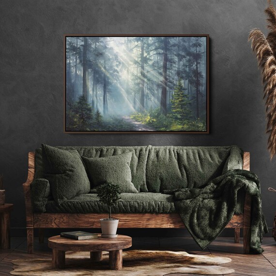 Sun Shining Through Dense Forest On Misty Morning Wall Art Print Wooded Pathway Gift For Hiker Ready To Hang