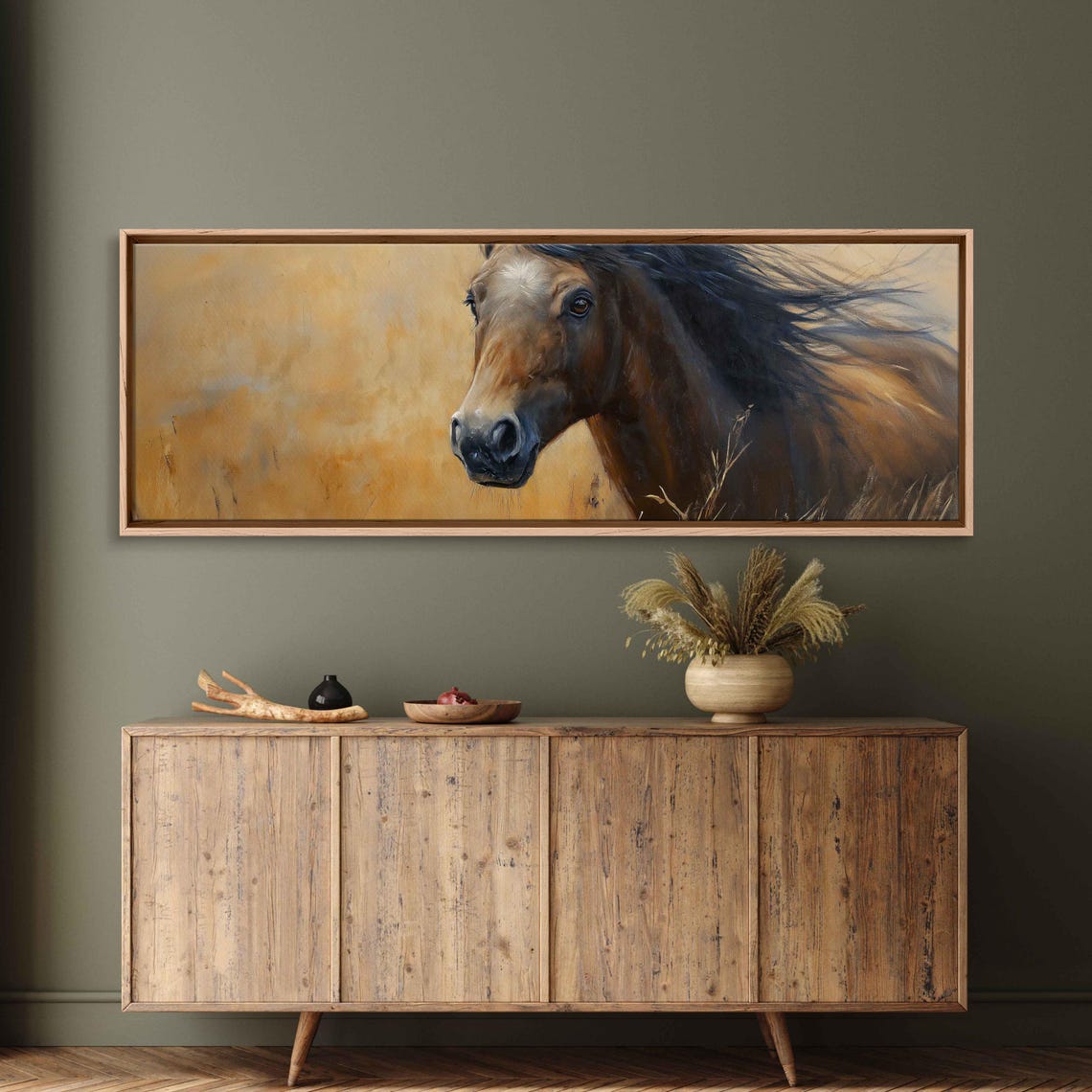 Wild Dark Bay Horse Panoramic Portrait Windswept Mane Art Poster