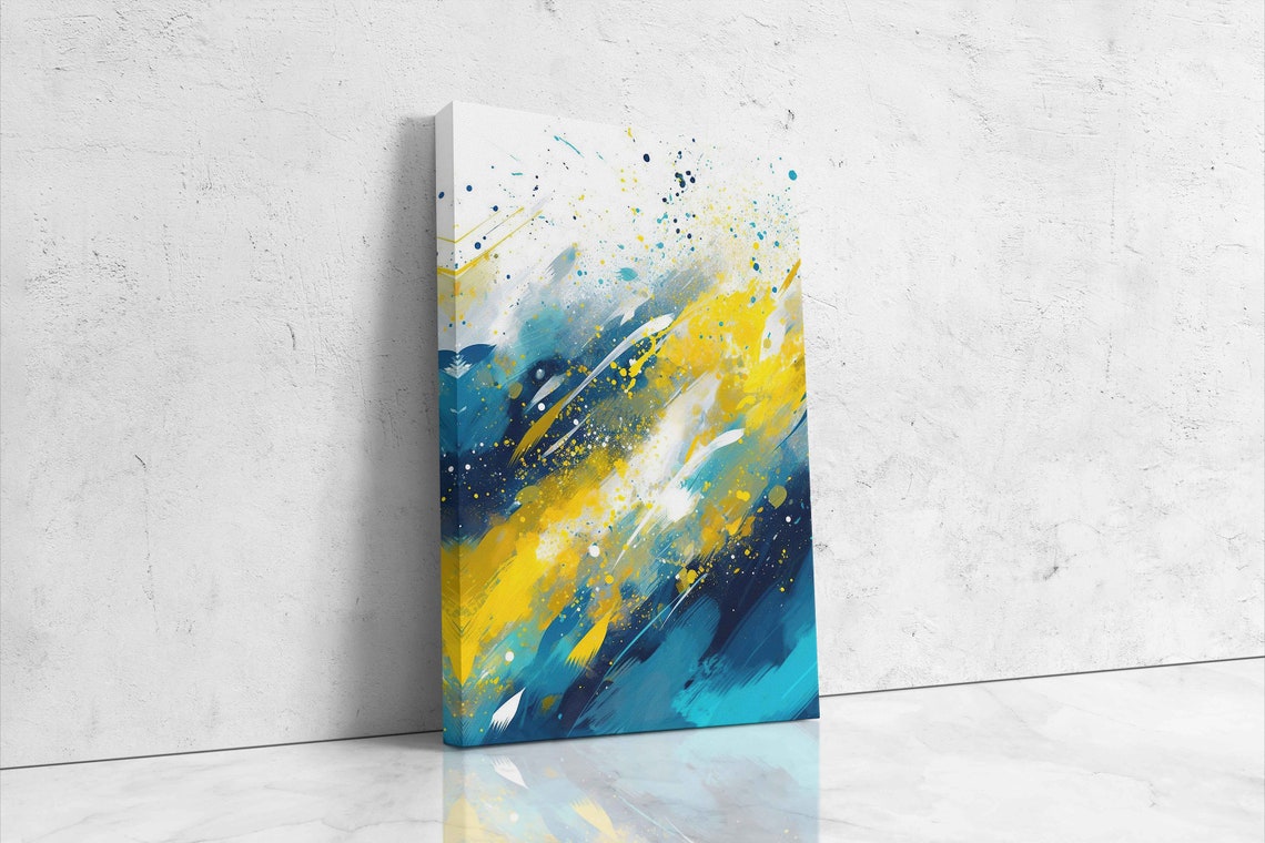 Yellow Blue Abstract Splatter Strokes Modern Wall Art Poster - Image 4