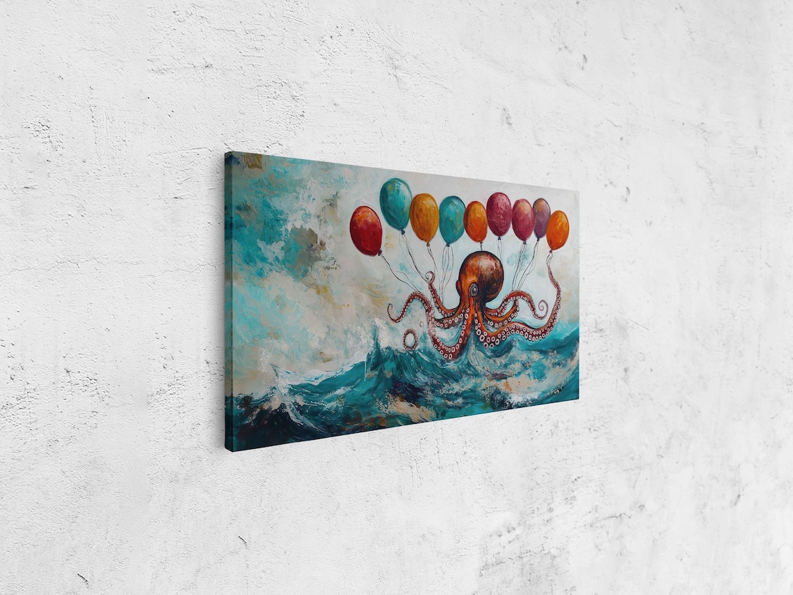 Surreal Octopus Floating With Colorful Balloons Stormy Sea Poster - Image 4