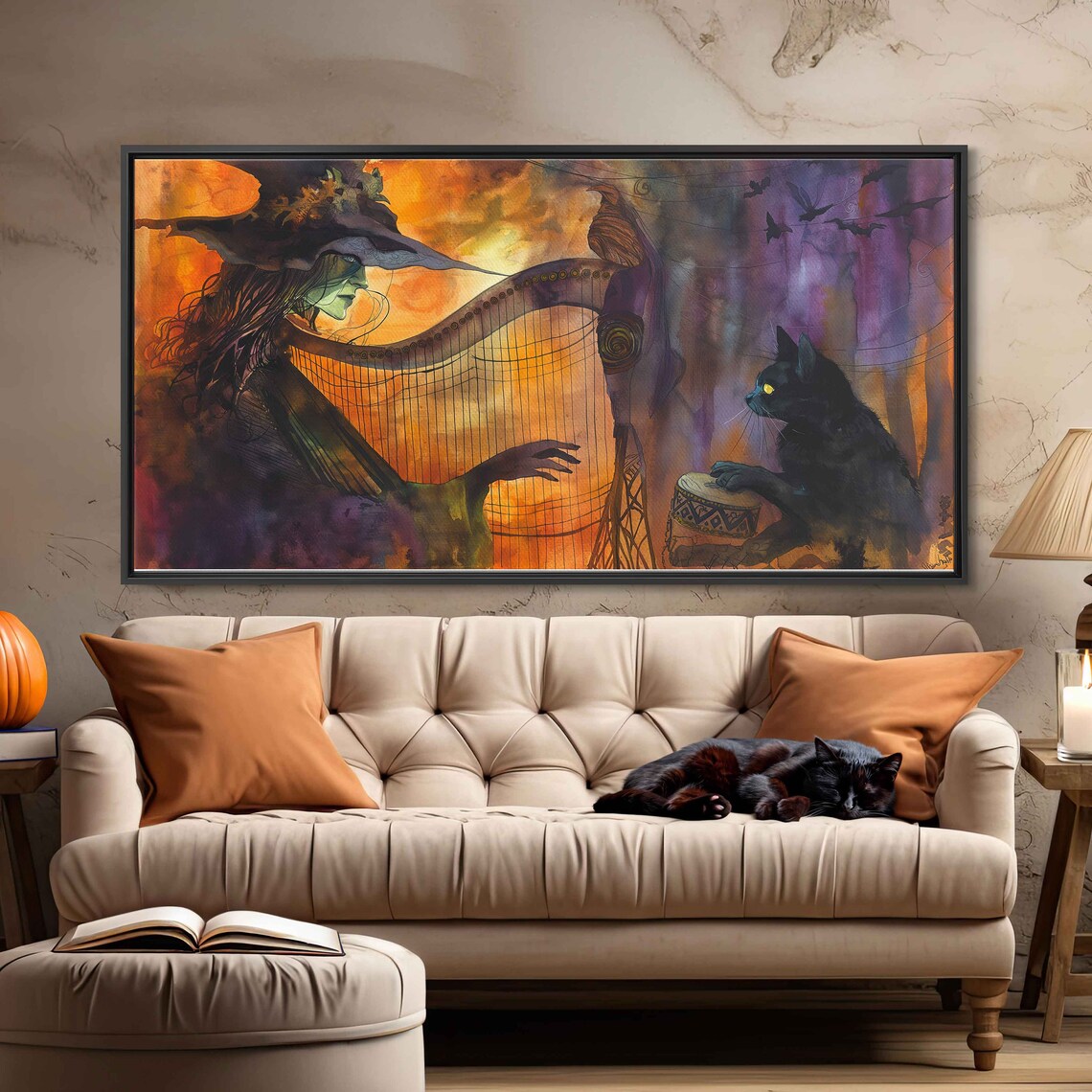 Witch Playing Harp With Black Cat Tambourine Spooky Halloween Art Print - Image 3