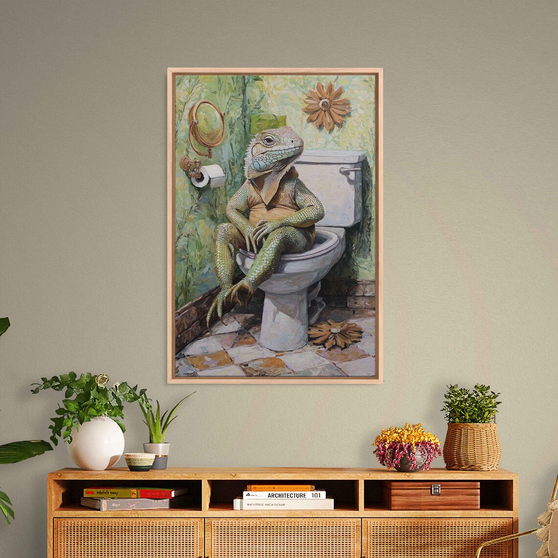 Whimsical Iguana Sitting On Toilet Vintage Bathroom Wall Art Poster