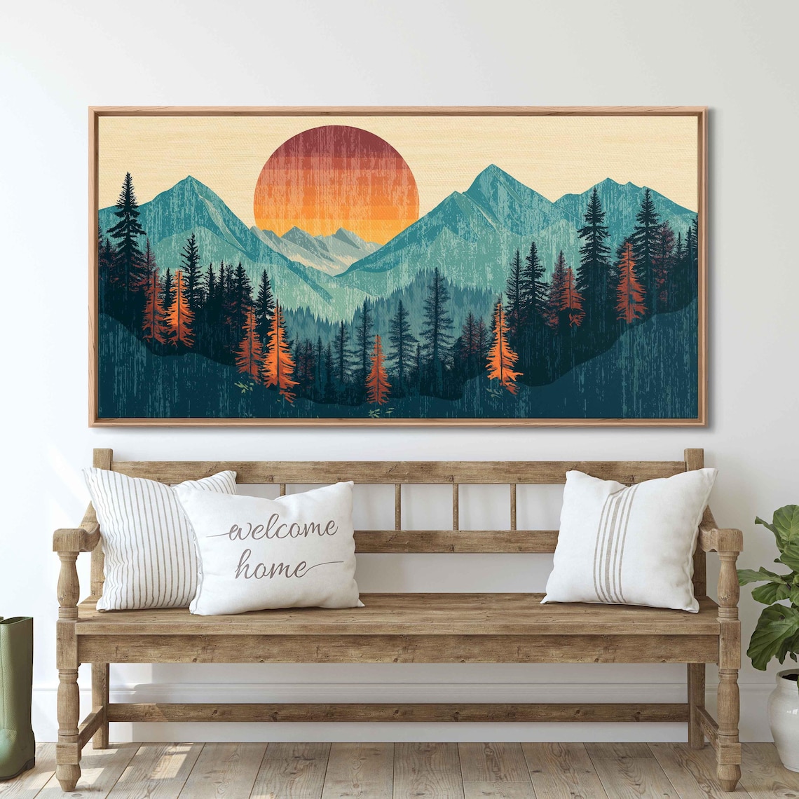 Retro Woodcut Mountain Sunset Orange Sun Teal Peaks Forest Poster