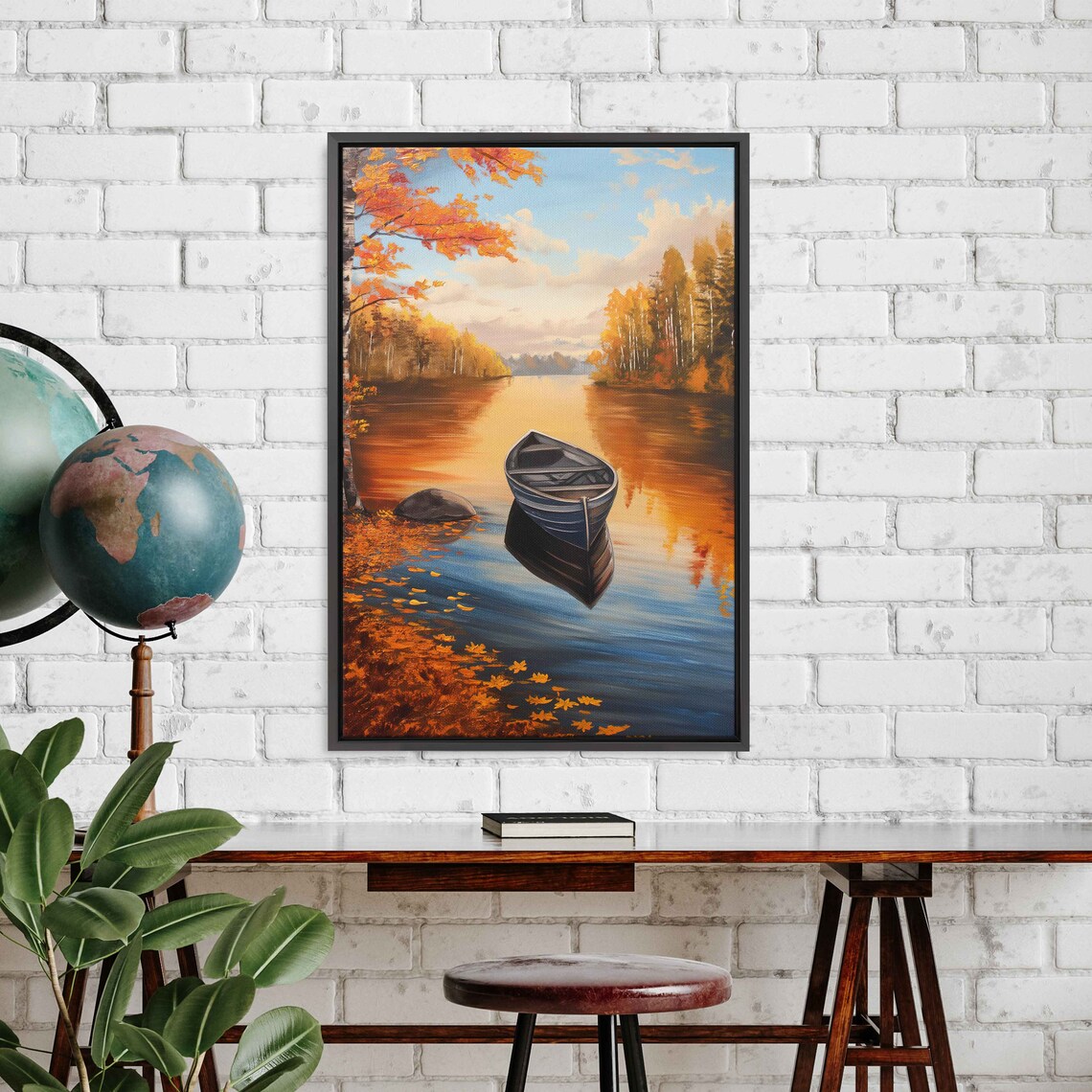 Lone Canoe On Calm Autumn Lake With Golden Birch Trees Painting Poster