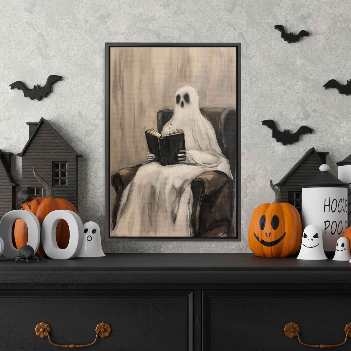 Ghost Reading Book In Cozy Armchair Halloween Painting Poster - Image 3