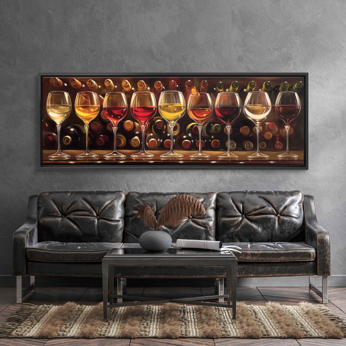 Wine Glasses Row Bottles Behind Warm Tones Panoramic Painting Wall Poster - Image 3